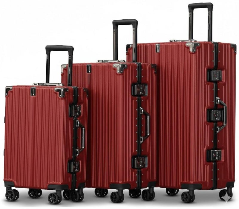 POGAGO Lightweight Aluminum Frame Polycarbonate Hard Case Luggage Set | 3-Piece Trolley Suitcase (20/24/28 Inch) | Silver Checked Luggage with 360° Double Spinner Wheels - Image 1